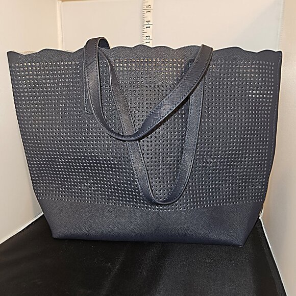 Neiman Marcus Perforated Scallop Navy Tote ~ Like New - Picture 2 of 5